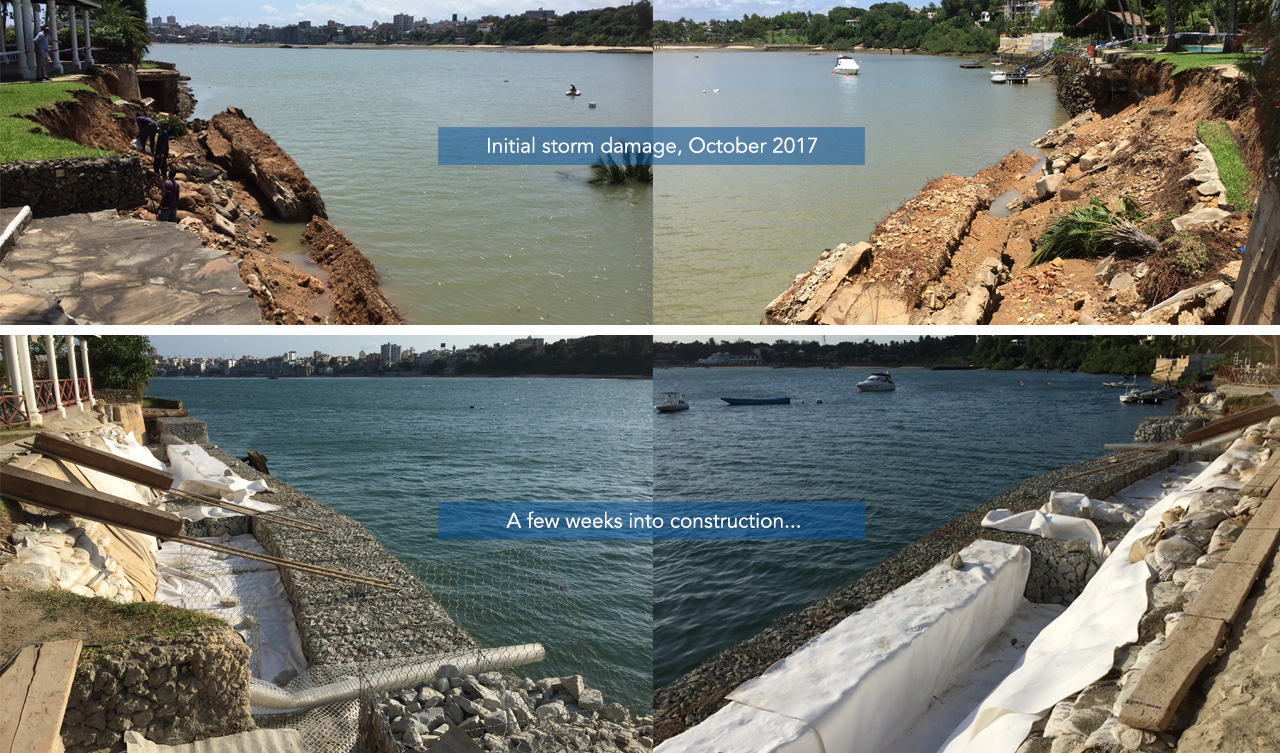 erosion and storm damage remedial works with Geotextiles and pvc coated gabions